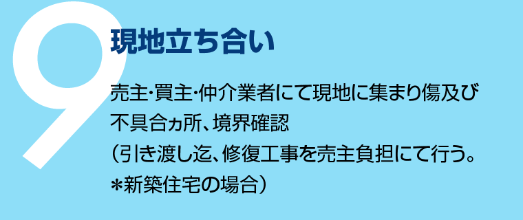 現地立ち合い - 売主・買主・仲介業者にて現地に集まり傷及び不具合ヵ所、境界確認（引き渡し迄、修復工事を売主負担にて行う。＊新築住宅の場合）